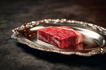 a piece of wagyu meat on a silver tray, Generative AI
