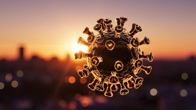 A detailed representation of a virus floats in the foreground as the sun sets in the background, creating a striking visual. This scene highlights the contrast between nature and the virus itself.