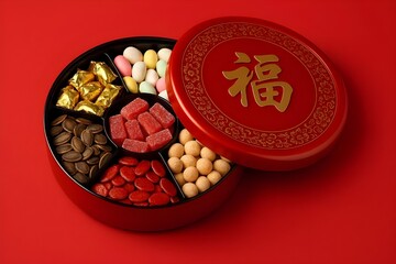 Traditional Chinese New Year Candy Box Tray of Togetherness with Gold Fu Character Symbol of Good Fortune Filled with Assorted Seeds Nuts and Sweets