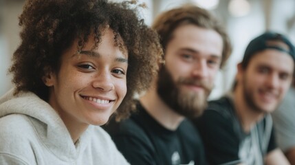 Obraz premium Three young people, two men and a woman, sitting together and smiling at the camera. the woman is on the left side of the image, with curly hair and is wearing a grey hoodie.