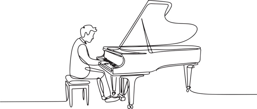 Single continuous line drawing of young happy male pianist playing classic grand piano on music concert orchestra. Musician artist performance concept. one line Icon drawing