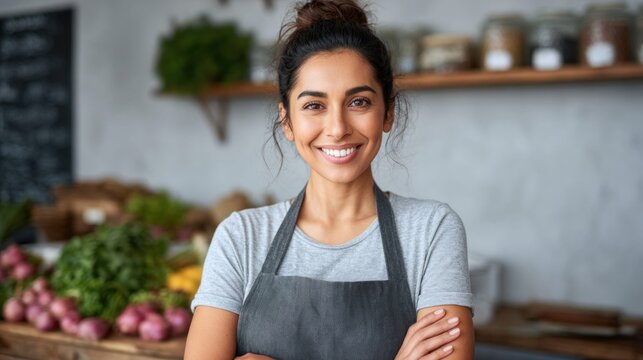 Smiling woman in apron at a farmers market, ready to serve customers