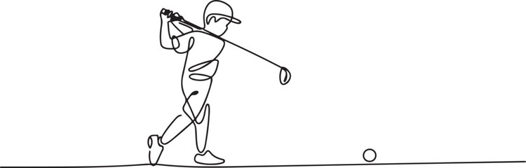 One single line drawing of young sporty golf player hit the ball using golf club graphic vector illustration. Healthy sport concept. one line Icon drawing © Mofazzelh