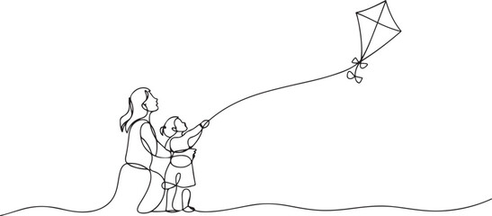One continuous line drawing of young mother and her daughter playing to fly kite up into the sky at outdoor field. Happy family parenthood concept. one line Icon drawing