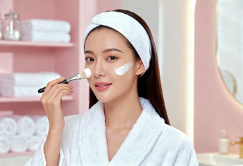 Beautiful young woman in a white bathrobe and head towel applying a creamy white face mask with a brush at a luxury beauty salon, focusing on skincare, facial treatment, and morning routine