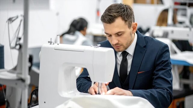A suited man sews fabric using a sewing machine, in a tailoring workspace