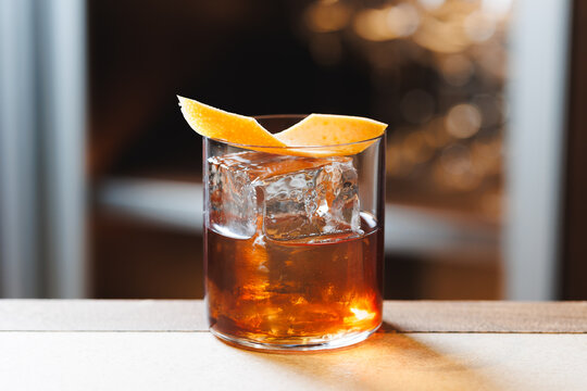Classic Old Fashioned Cocktail with Orange Peel Garnish
