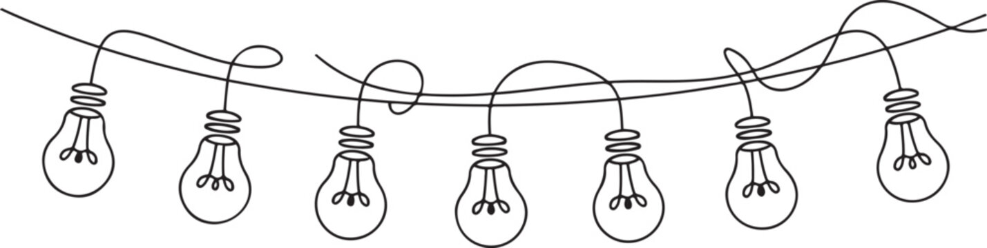 One continuous line drawing of hanging lightbulbs on house ceiling rooftop. Poster for wall decor interior design. one line Icon drawing