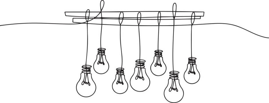 One continuous line drawing of hanging lightbulbs on house ceiling rooftop. Poster for wall decor interior design. one line Icon drawing
