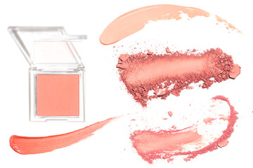 blusher powder pact cream lotion cosmetic for makeup, product mockup packaging tube bottle in flat lay close-up view