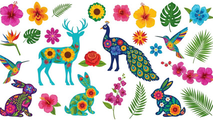Obraz premium Mexican Otomi Style Folk Art Animal and Floral Canvas Featuring Peacock Deer Rabbit and Hummingbird Silhouettes with Intricate Embroidery Patterns for Bohemian Wedding Design