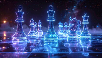 Glowing Chess Pieces on a Reflective Board