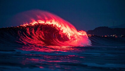 A vibrant red wave illuminated by neon lights crashing on the shore