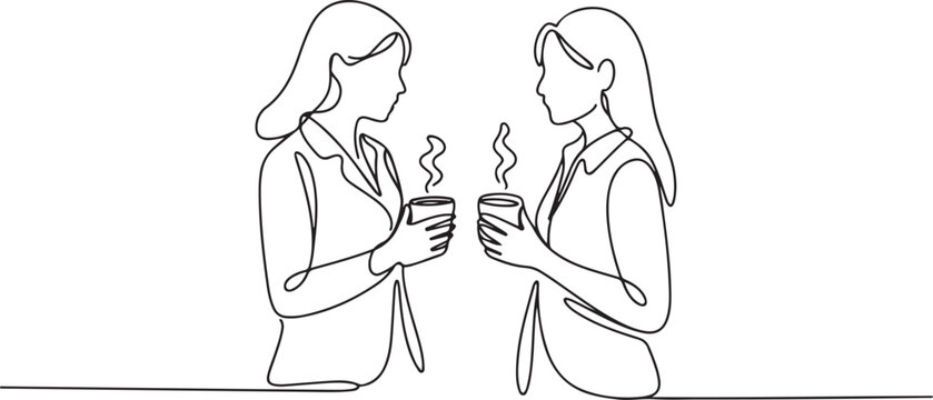 Single continuous line drawing of two young female worker have a casual chat over drink coffee during office break. Having small talk at work concept. one line Icon drawing