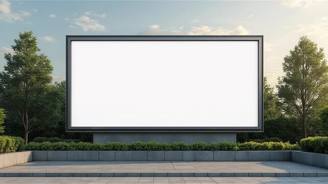 Blank digital billboard advertising display mockup in modern outdoor setting with plants 
