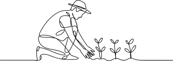 Single continuous line drawing young male farmer planting plant shoots in the ground. Start the planting period. Minimalism metaphor concept. one line Icon drawing