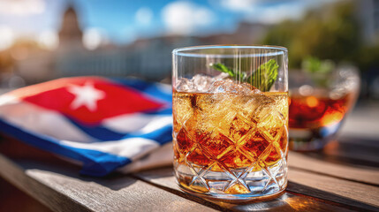 Cocktail with mint and ice in glass, Cuban flag in background, evoking summer, travel and tropical refreshment in outdoor setting.