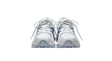 Pair of white athletic running shoes with blue accents and white laces isolated on a transparent background