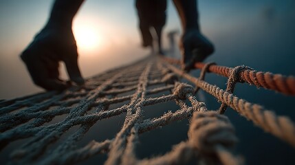 Close up view of hands gripping a rope net structure against a soft, hazy sunset background