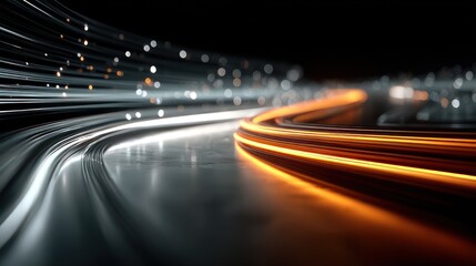 Abstract image with flowing lines, light trails, and blurred bokeh against a dark backdrop