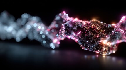 Abstract flowing form of particles in shades of blue, pink, orange against a dark backdrop