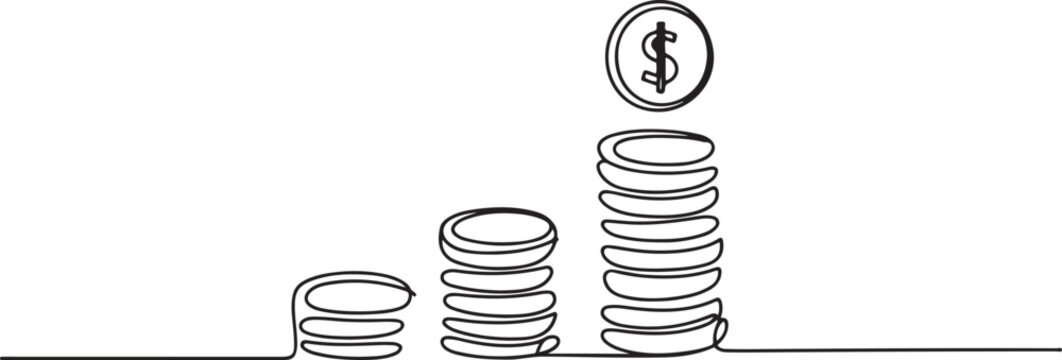 Single continuous line drawing step of coins stacks, money, saving and investment or family planning. Concept for return money saving and investment. one line Icon drawing