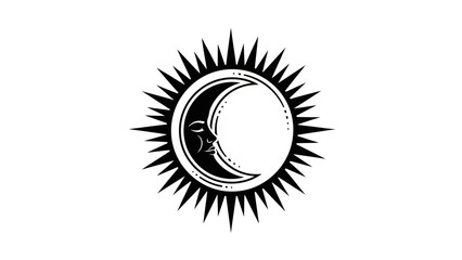 Fototapeta premium Stylized black and white illustration depicting a crescent moon with a serene face, embraced by a radiant sunburst.