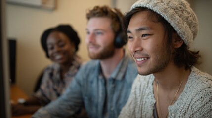 Obraz premium Three young people, two men and a woman, sitting in front of a computer monitor. they are all wearing headphones and appear to be engaged in a conversation.