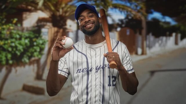 Man in pinstriped baseball jersey and blue cap holding baseball and wooden bat over shoulder on a street with house entrance visible; youthful confidence.