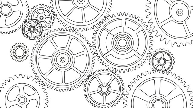 A clean line art illustration featuring numerous interconnected gears and cogs of various sizes on a white background, representing complex mechanical systems.