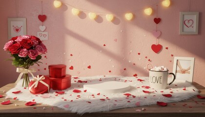 Romantic valentine's day decor setup cozy indoor space photography display soft lighting heartfelt atmosphere
