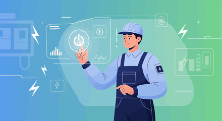 Illustration featuring electrician in advanced control room managing energy consumption expertly