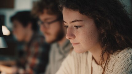 Fototapeta premium Young woman with curly hair and freckles sitting in front of a computer monitor. she is looking off to the side with a thoughtful expression on her face.