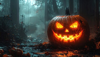 Glowing Jack-o'-lantern in Dark Forest at Night