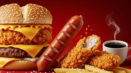 Delicious fast food meal with burger, sausage, fried chicken, and coffee on a red background