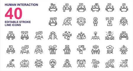 Set of 40 editable stroke line icons depicting business meetings and group discussions people