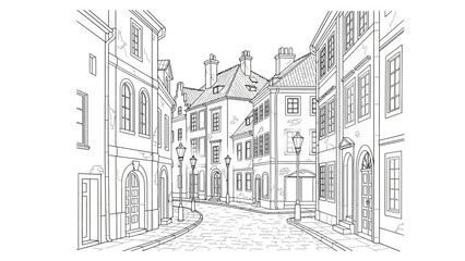 Fototapeta premium Detailed black and white line drawing of a charming old European cobblestone street with traditional buildings and street lamps.