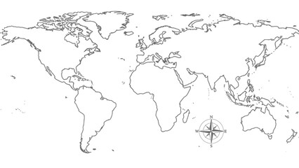 Fototapeta premium Simple black and white outline map of the world with all continents and a compass rose.