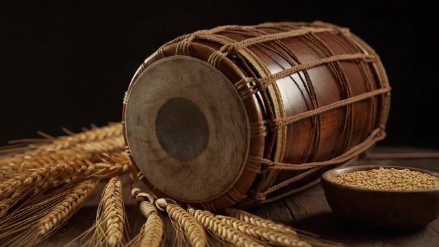 Punjabi Dhol Drum Lying in Wheat Fields for Baisakhi Festival