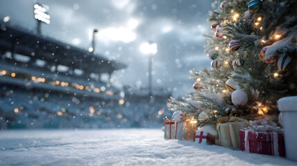 Christmas tree with gifts on snowy stadium field, empty seats and snowfall under winter sun.