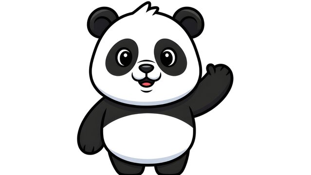 A happy and adorable giant panda cartoon character standing while waving its hand. This vector-style illustration features clean lines, vibrant black and white contrast, and a friendly expression. Iso