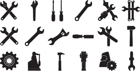 Obraz premium Hand tool icon set, black white vector, hammer screwdriver knife, tape measure flashlight, hex wrench, utility blade, repair toolkit