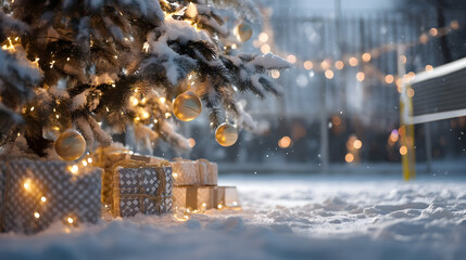 Christmas tree closeup with gifts on snowy volleyball court, volleyball net in background. Concept of resting basketball sport during Christmas time.