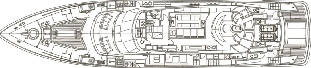 Luxury yacht deck layout blueprint illustration showing detailed interior compartments, marine engineering design, nautical vessel plan top view