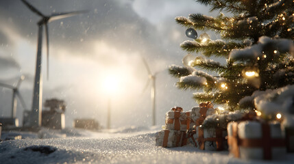 Christmas tree branches with gifts on snowy wind farm, turbines in background, concept of Christmas celebration in the industrial setting and environment.