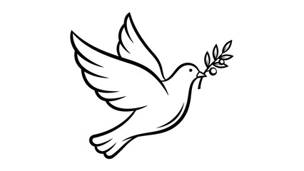 Fototapeta premium Stylized black and white illustration of a flying dove carrying an olive branch, symbolizing peace.
