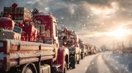 Close-up of Christmas decoratd truck with gifts on snowy road, part of endless festive convoy under snowfall and winter sun.