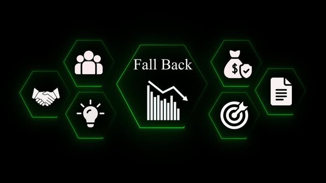 Business Strategy Icons Falling Graph Money Target Idea Teamwork Handshake Document Data Analysis Financial Decline Recession Economic Downturn Corporate Strategy Planning. black background.