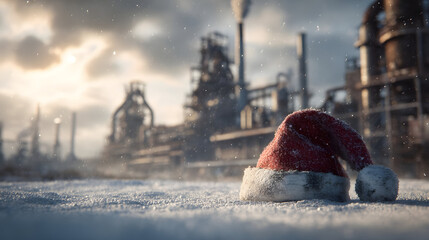 Santa laus hat placed on snowy steel mill site, furnaces in background. Concept of Christmas celebration in the industrial setting and environment.