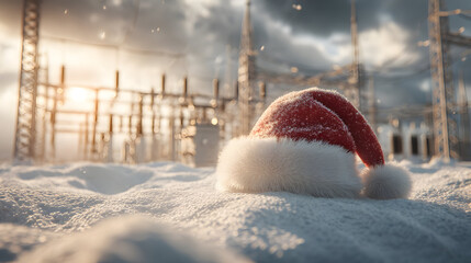 Santa Claus hat, electricity substation in background. Concept of electricity provision and supply during Christmas time. Blending festive warmth with industrial electricity infrastructure.